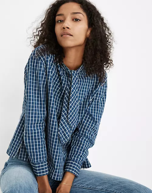 Denim Tie-Neck Westlake Shirt in Plaid | Madewell