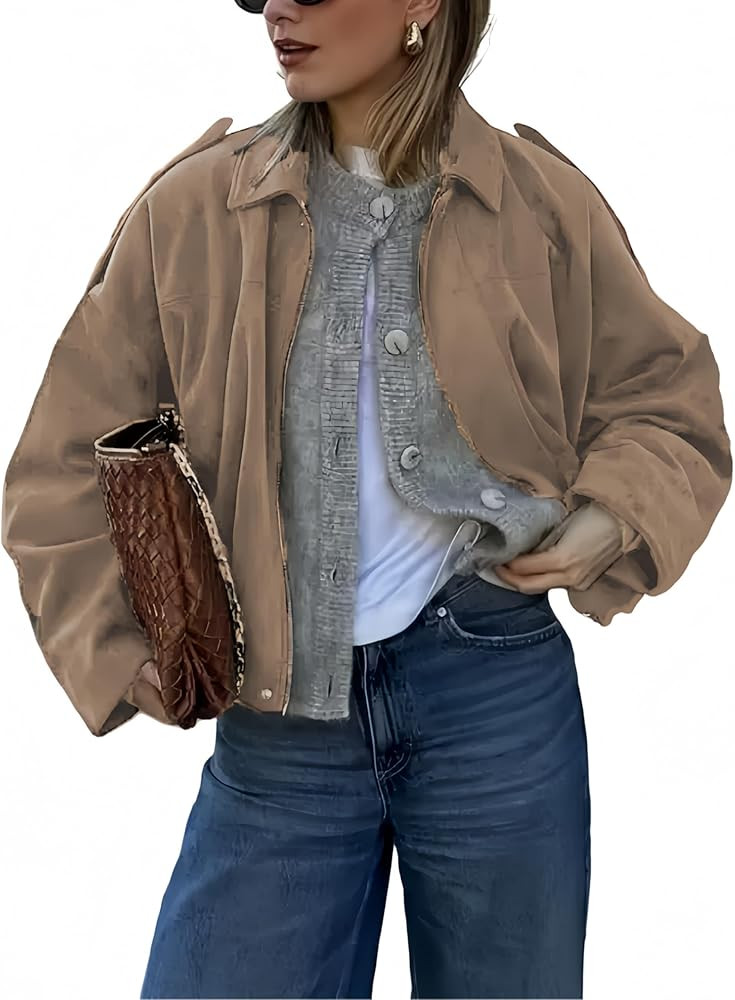 Mettclasi Women's Spring Fall Lapel Batwing Sleeve Faux Suede Bomber Jacket Streetwear Casual Ove... | Amazon (US)