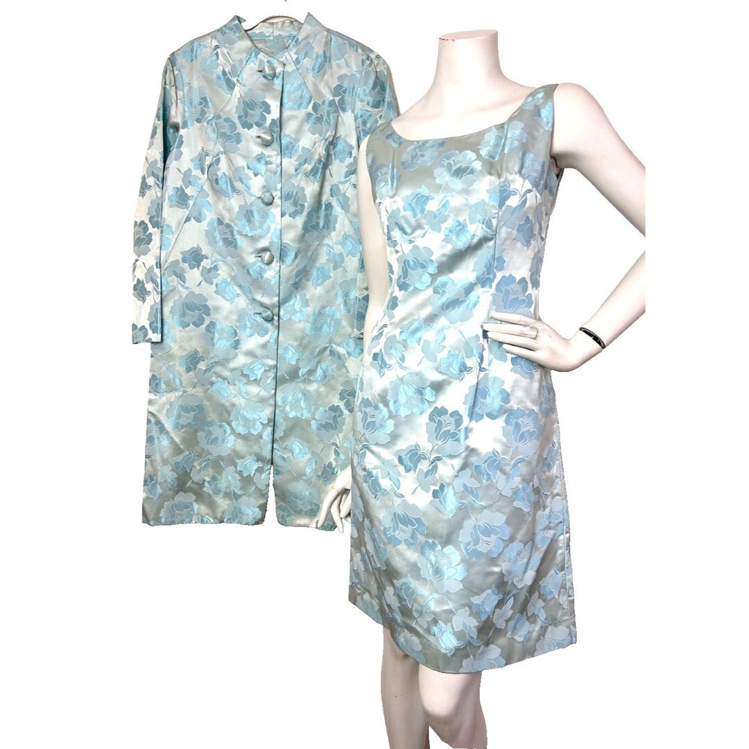 Vintage 60 Dress Coat Set Floral Brocade Satin Jacquard Button Blue Size Small 6 | Etsy (Global)