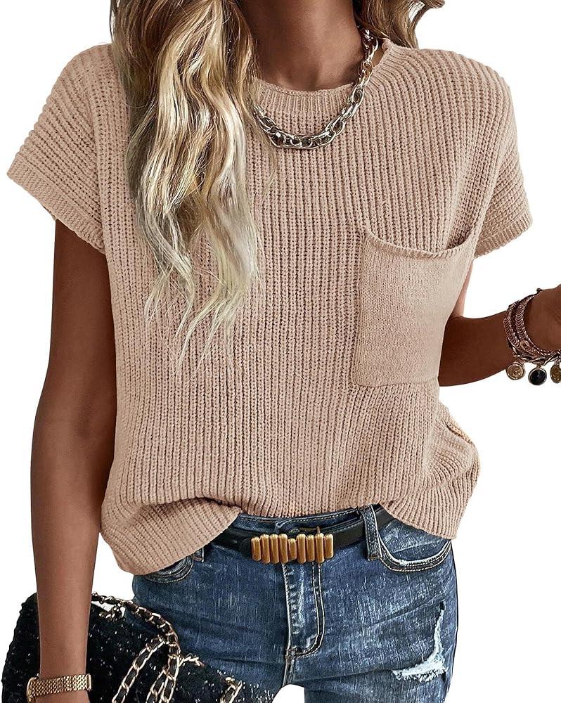 KIRUNDO Womens Spring Fall Cap Sleeve Tops 2024 Summer Casual Crew Neck Lightweight Sweater Vest ... | Amazon (US)