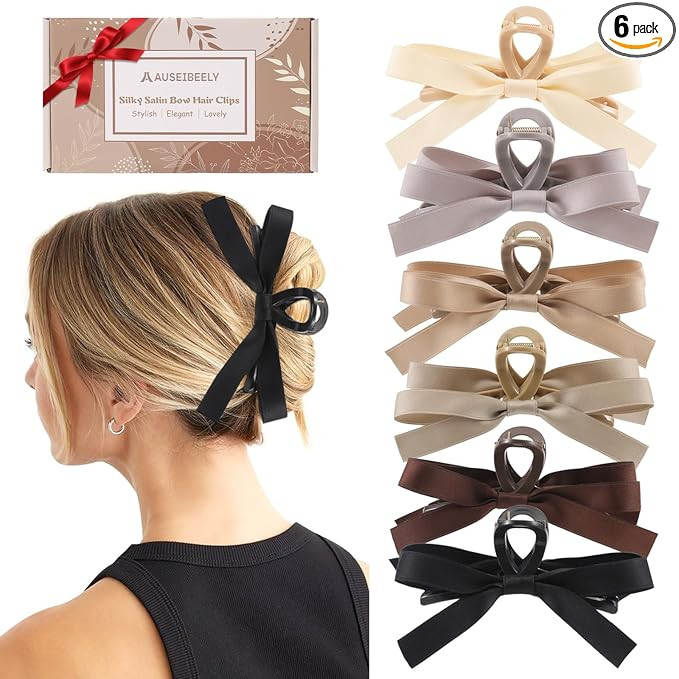 Auseibeely 6 PCS Silky Satin Bow Hair Clips, Non-Slip Clips for Thin and Thick Hair, Bows for Wom... | Amazon (US)