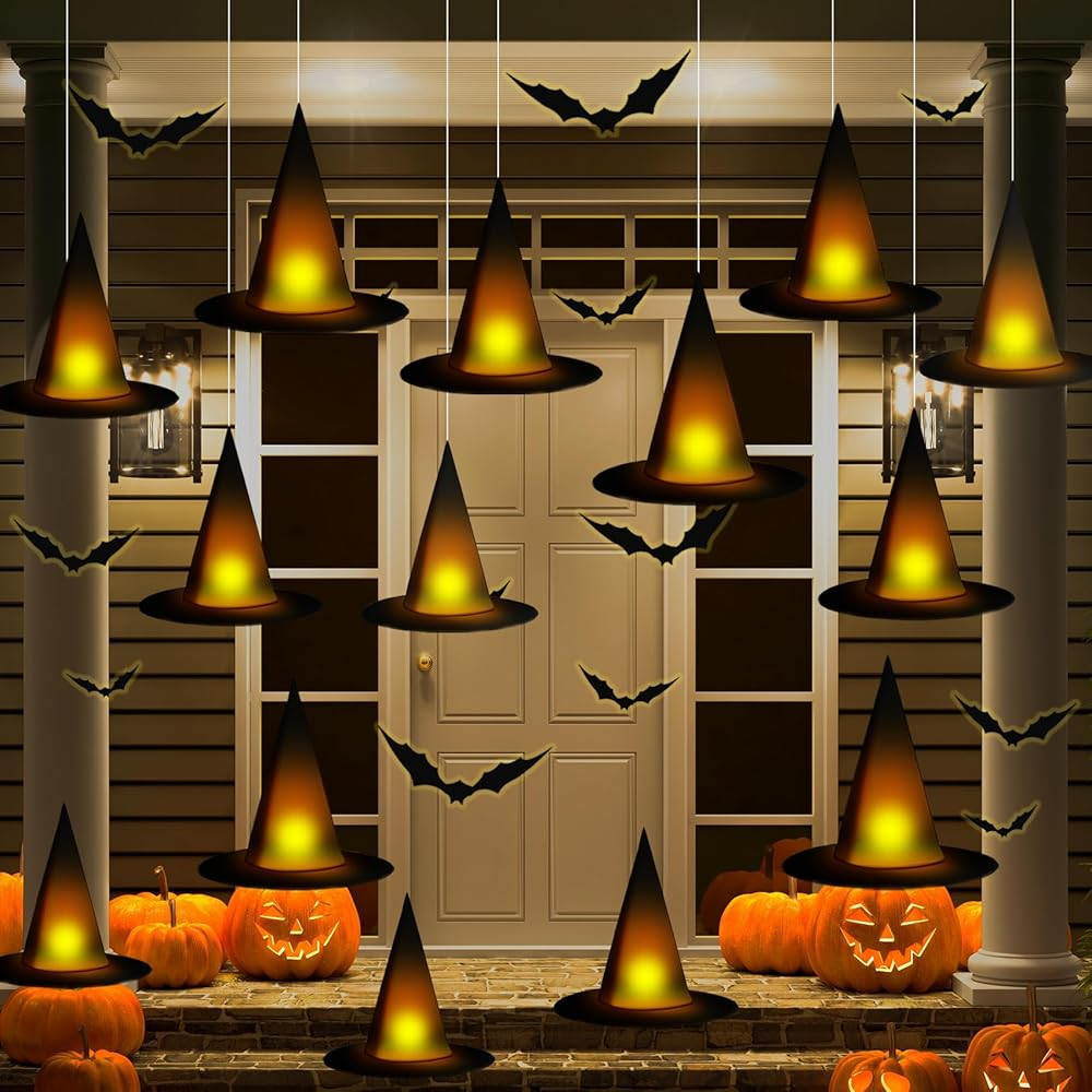 taupphoo Halloween Black Witch Hats DIY Floating Light up Witch Hats with Tea Lights 3D Bats Wall... | Amazon (US)