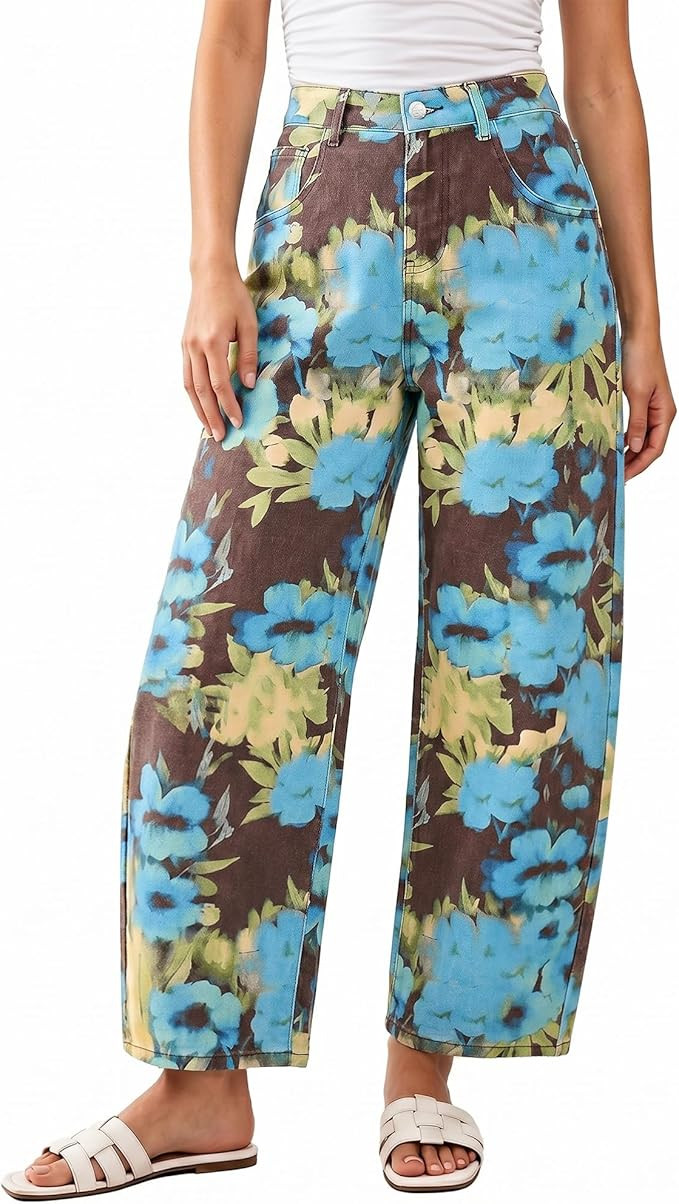luvamia Barrel Jeans for Women Cropped High Waisted Baggy Colored Floral Printed Women Western Bo... | Amazon (US)