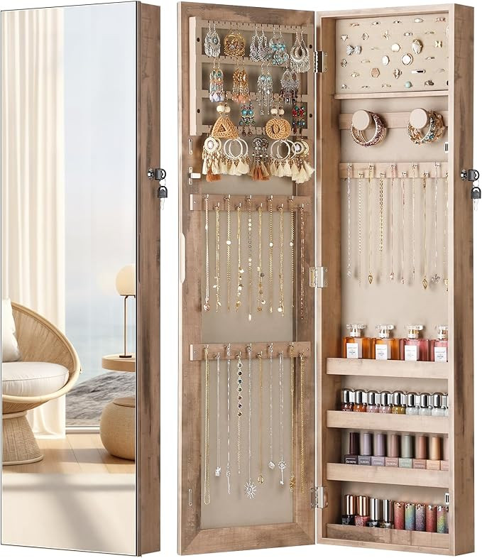 Mirror Jewelry Cabinet, Jewelry Armoire with Full Length Mirror,Mirror with Jewelry Storage Wall/... | Amazon (US)