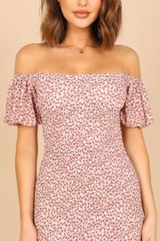 Claire Shirred Bodycon Off Shoulder Midi Dress - Pink Floral | Petal & Pup (US)