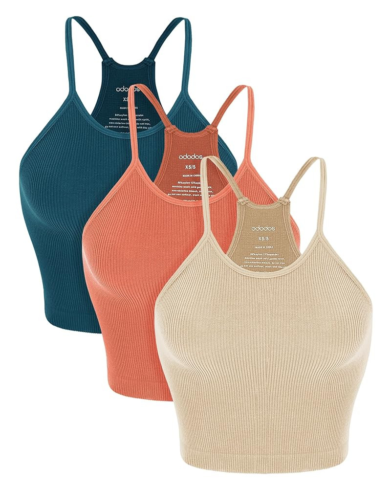ODODOS Women's Crop 3-Pack Seamless Rib-Knit Camisole Crop Tank Tops | Amazon (US)