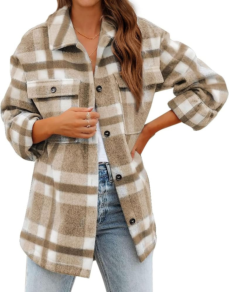 BTFBM Women's Long Sleeve Button Down Jackets Plaid Flannel Shirts Tops Casual Lapel V Neck Overs... | Amazon (US)