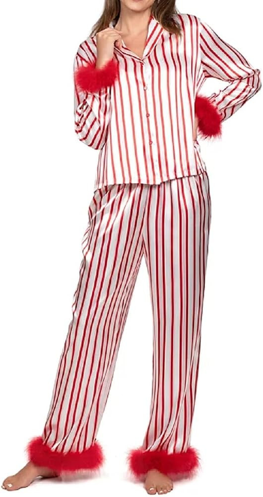 Womens Silk Satin Striped Pajama Set Feather Trim Long Sleeve Button Down Shirt and Pants Cute Ch... | Amazon (US)
