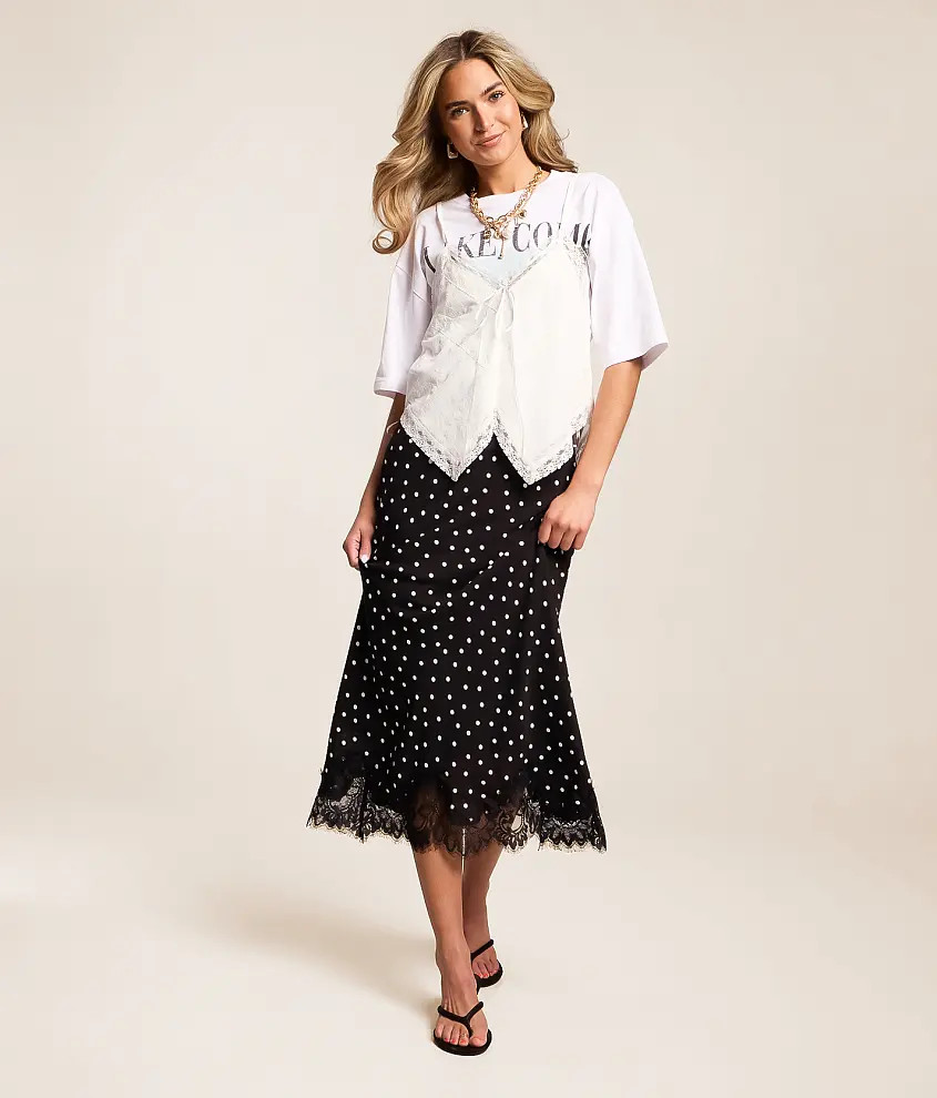 Satin Polka Dot Midi Skirt | Buckle