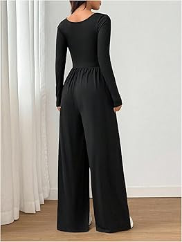 Floerns Women's Long Sleeve Jumpsuit V Neck Casual Wide Leg One Piece Outfit | Amazon (US)
