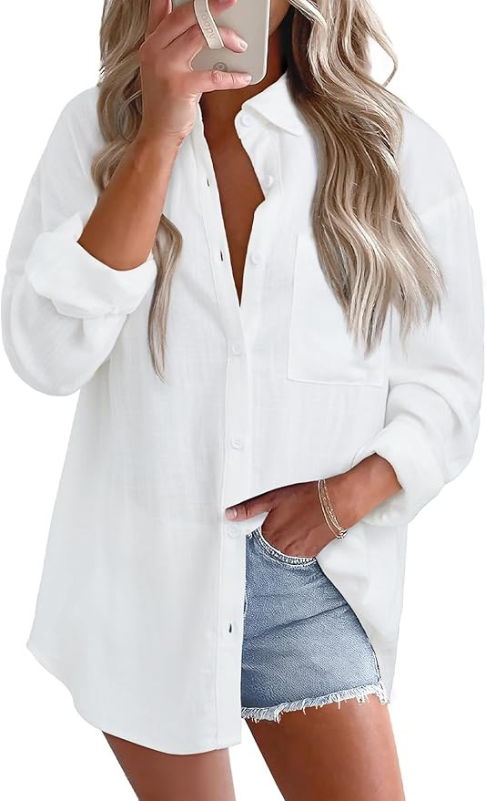 Astylish Women 2026 Loose Fit Tops Cotton Linen Button Down Shirts Collared Roll Up Long Sleeve V... | Amazon (US)