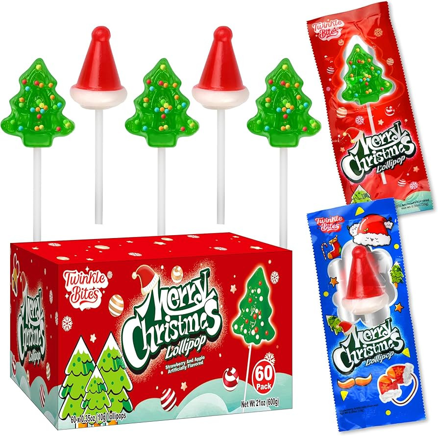 60 Pack Christmas Lollipops - Individually Wrapped Christmas Holiday Themed Hat And Tree Lollipop... | Amazon (US)