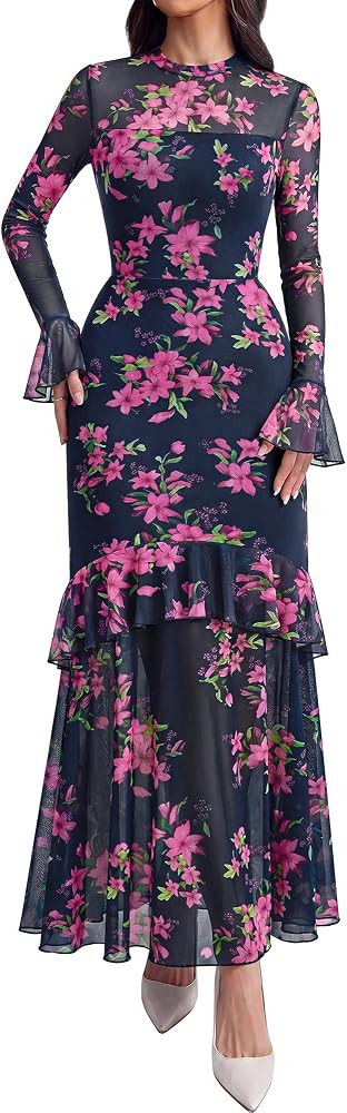 BTFBM Elegant Wedding Guest Dress Long Sleeve Maxi Dresses for Women | Amazon (US)