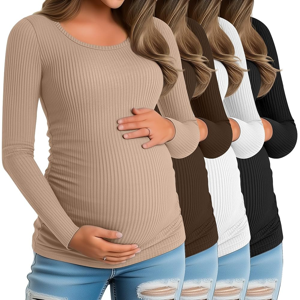 Riyiper 4 Pack Women's Maternity Shirts, Long Sleeve Cotton Ribbed Pregnancy Tee Top Crewneck Sid... | Amazon (US)