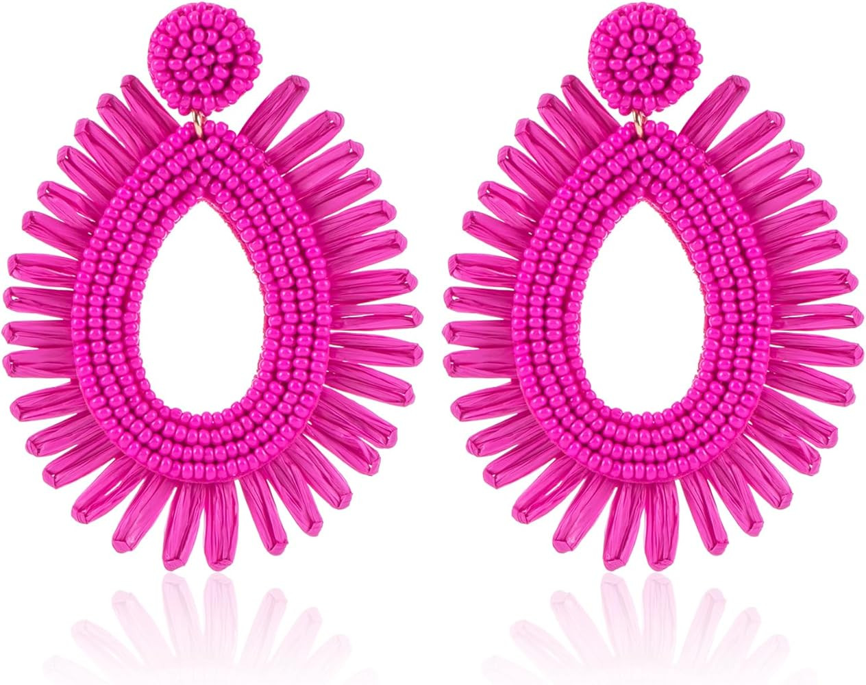 Raffia Statement Beaded Earrings Boho - Handmade Teardrop Dangle Earrings for Summer Beach Vacati... | Amazon (US)