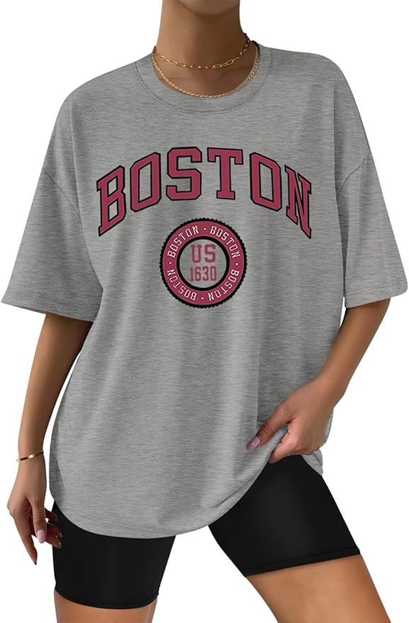 ORANDESIGNE Women Oversized Letter Print T Shirts Crewneck Graphic Short Sleeve Tees | Amazon (US)