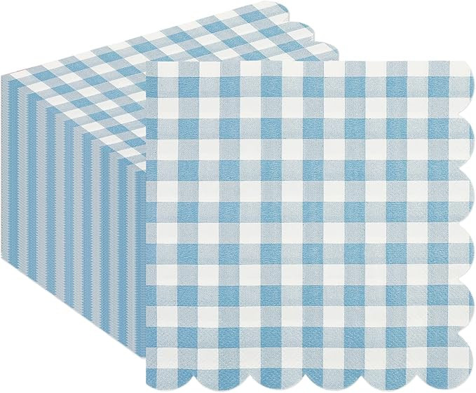 50PCS Blue Scalloped Gingham Paper Napkins - Light Blue and White Striped Luncheon Napkin, Checke... | Amazon (US)