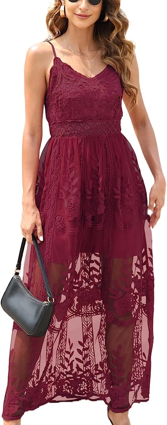 Dokuritu Women's Summer V Neck Floral Lace Wedding Dress Sleeveless Bridesmaid Evening Party Maxi... | Amazon (US)