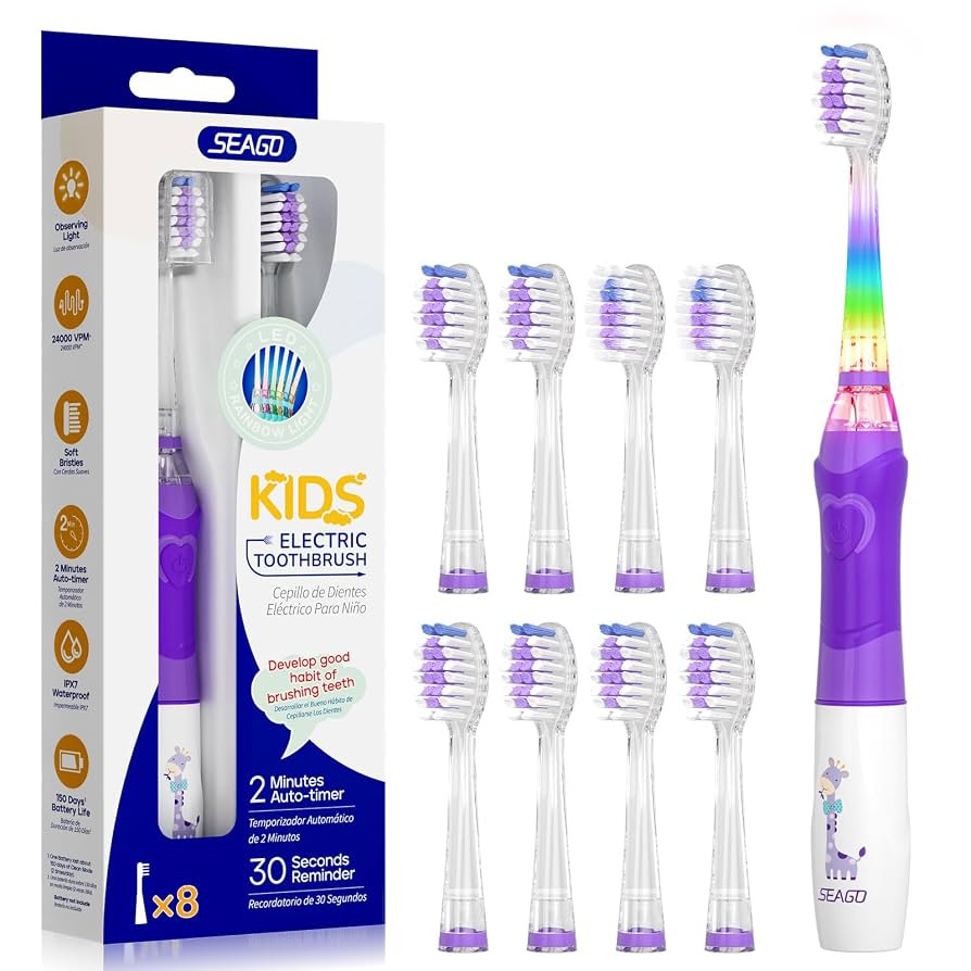 SEAGO Kids Electric Toothbrush with 2 Mins Brushing Timer and 8 Replacement Bursh Heads,Rainbow L... | Amazon (US)