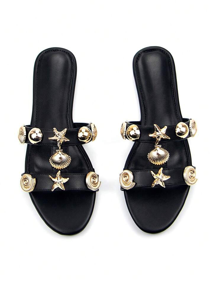 Women's Casual Stereoscopic Ocean Animal Metal Buckle Decor Black PU Fabric Fashion Comfortable R... | SHEIN