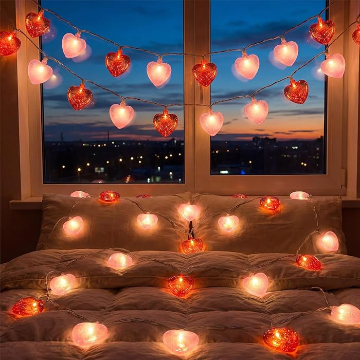 8.5Ft Red and Pink Heart String Lights,10 LED 3D Glitter Hearts Plug in Fairy Heart Shape Lights,... | Amazon (US)