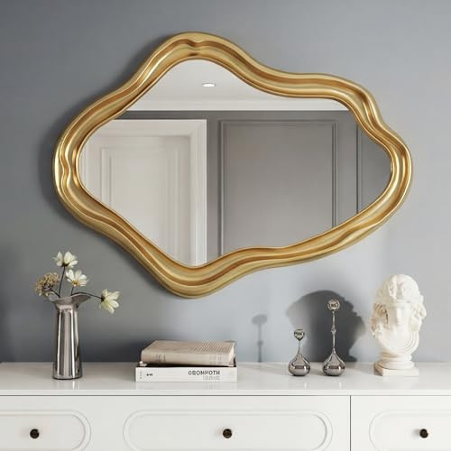 CozyDH Gold Irregular Wall Mirror Decor - 30" Large Modern Asymmetrical Decorative Mirror Cloud Shaped Frame Abstract Wavy Wall Art for Bathroom Entryway Fireplace Living Room Bedroom Hallway Dresser | Amazon (US)