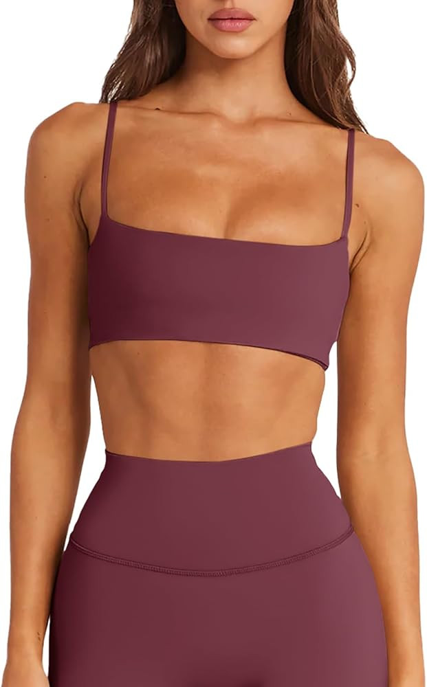 LASLULU Womens Adjustable Spaghetti Straps Sports Bra Square Neck Wireless Padded Workout Yoga Cr... | Amazon (US)