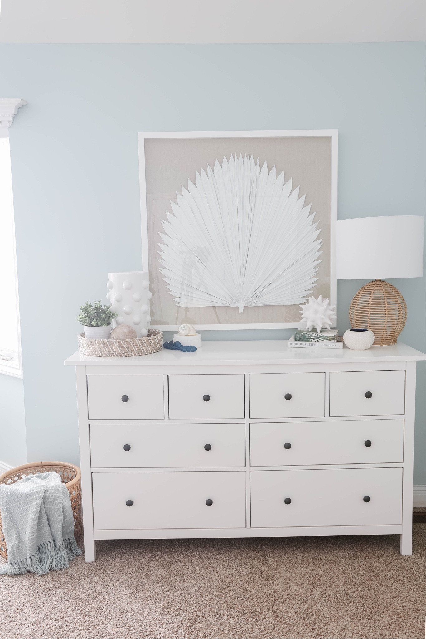 Coastal decor, coastal home decor, blue bedroom, bedroom style, white dresser, palm leaf artwork, framed artwork, dresser decor, styled dresser, coffee table books, rattan lamp, white vase, tray, coastal bedroom, blue and white



#LTKhome #LTKunder100 #LTKsalealert
