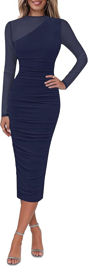 Lazysmile Long Sleeve Mesh Dresses for Women Mock Neck Ruched Bodycon Elegant Cocktail Club Party... | Amazon (US)