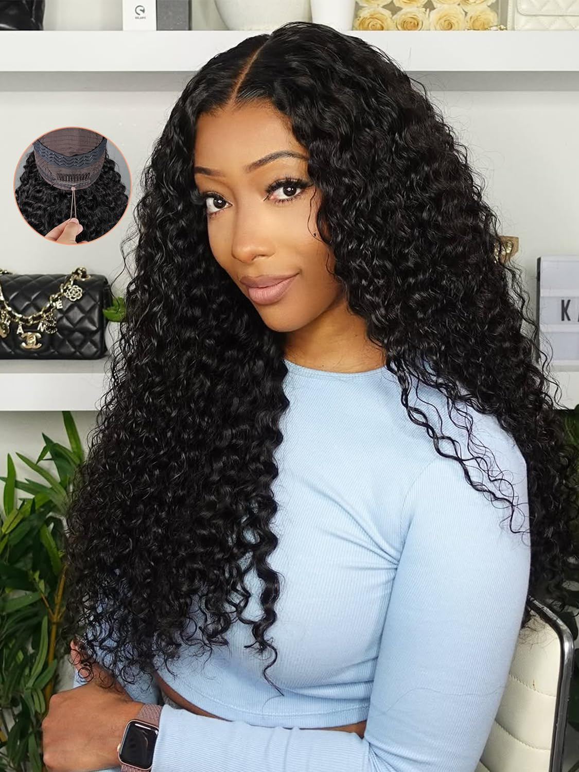 Curlyme Glueless Wigs Human Hair Pre Plucked Pre Cut Pre Bleached 7x5 Water Wave Lace Front Wigs ... | Amazon (US)
