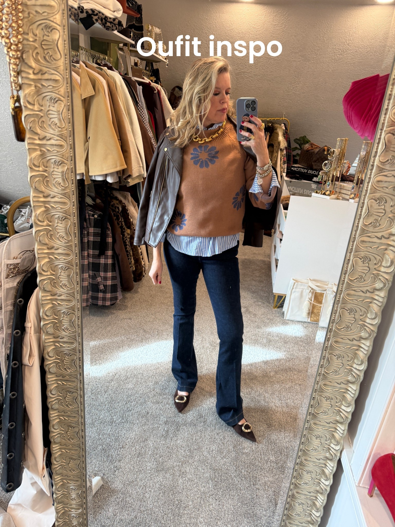 Outfit Inspo
A mix of Amazon Finds/mid priced and a little splurge 

Mix of browns & blue color pallet

Amazon find 
Flower sweater with bell sleeve
Tts in a med , so cute under $40

Amazon find Pin-stripe blue & White stripe button up (one of my most button ups) under $30

Spanx dark wash denim flares 
So slimming and elongates the legs. Pull-up and fit tts I am in the small (I wear a small and medium in Spanx)
⚠️Save 15% off Spanx with code Deardarcyxspanx 

Chocolate brown Moto faux leather jacket by Chicos fits tts I wear a 0 in Chicos 

Steve Madden suede mule with gold buckle tts 

Keeping with the gold metals 
All jewelry by Julie Vos
Necklace, earrings, bracelets 

#LTKOver40 #LTKgrwm #LTKootd