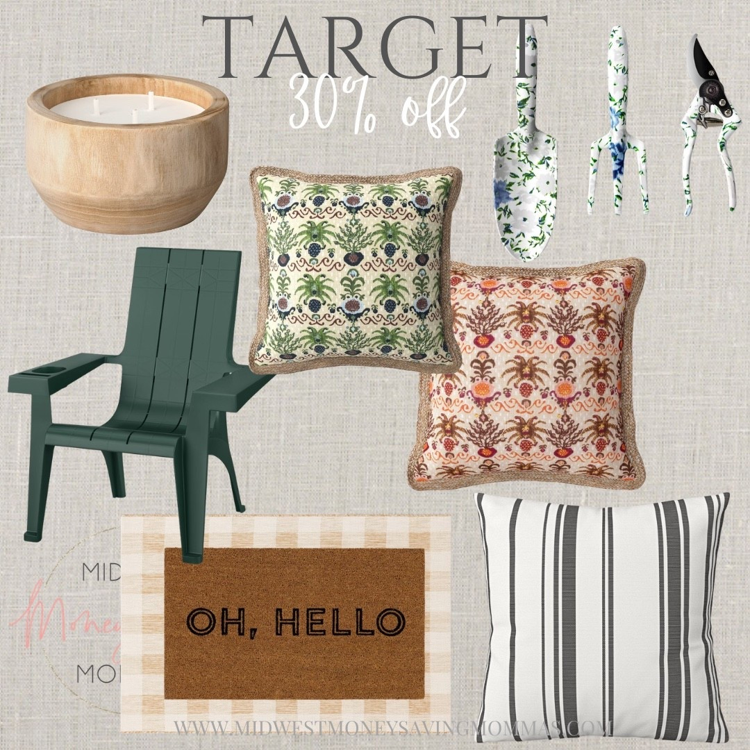 30% off outdoor items at Target! 
Outdoor pillow 
Front porch rug 
Gardening tools 

#LTKHome