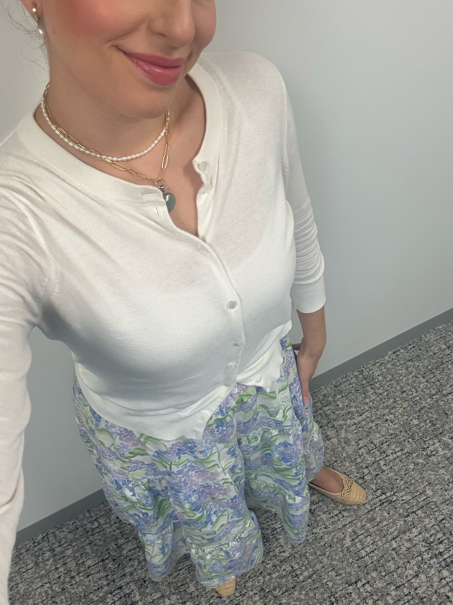 Office outfit, business casual, workwear, summer work outfit, summer workwear, maxi skirt, hill house home, nap dress, hill house maxi skirt, hydrangea maxi skirt, floral maxi skirt, hydrangea, white cardigan, raffia shoes, raffia ballet flats, jade necklace, green pendant, Susan Shaw, heart pendant, casual work outfit

#LTKWorkwear #LTKootd #LTKSeasonal