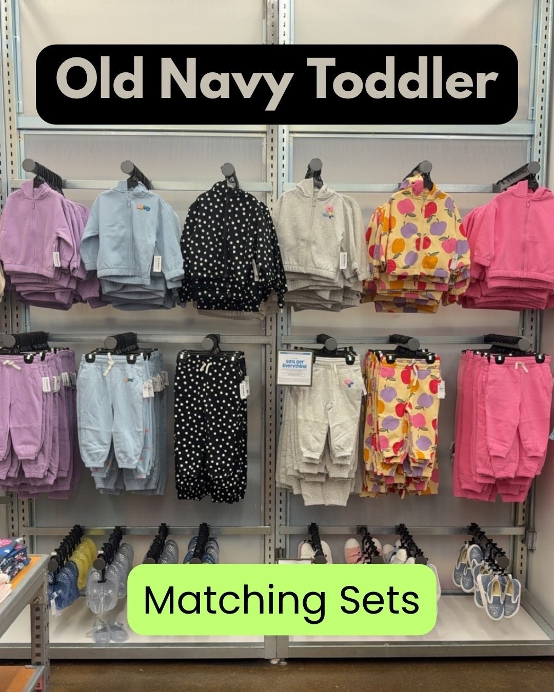 Matching sets for toddlers. Black and white polka dots, apple yellow set, pink zip up and sweats, light blue zip up and sweats. Purple, grey. Old Navy

#LTKBaby #LTKBump #LTKKids