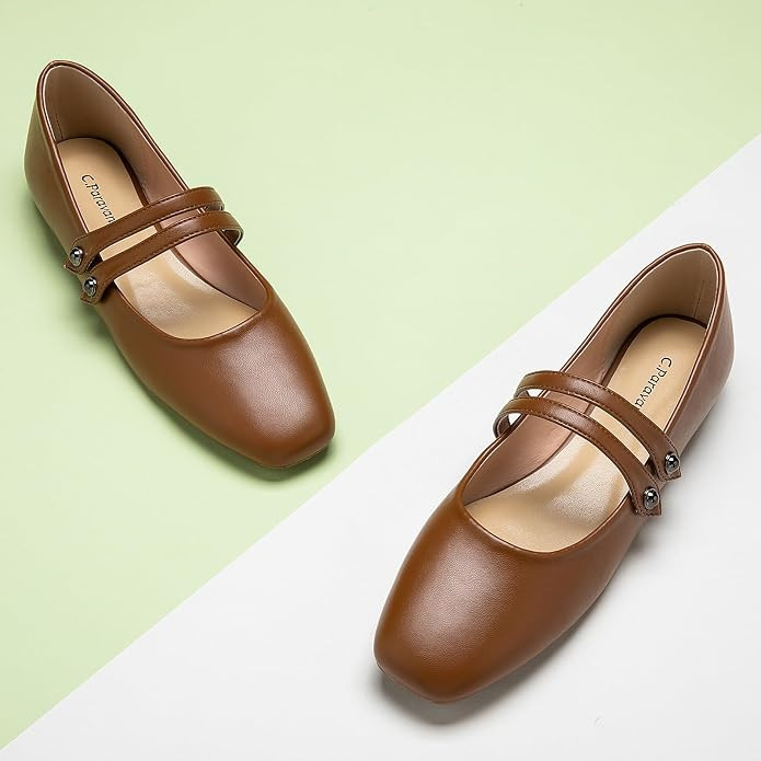 C.Paravano Mary Jane Flats Women Square Toe Slip-ons Shoes Double Strap | Lambskin insole, Soft, ... | Amazon (US)