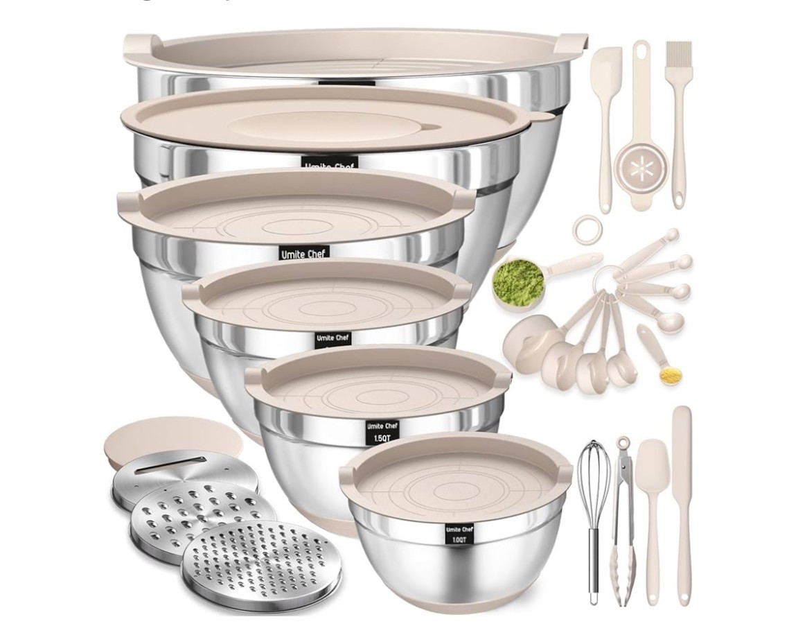 Mixing Bowls with Airtight Lids Set, 26PCS Stainless Steel Khaki Bowls with Grater Attachments, Non-Slip Bottoms & Kitchen Gadgets Set, Size 7, 4, 2.5, 2.0,1.5, 1QT, Great for Mixing & Serving. All of this for right under $40

Would make a great gift to
Someone. Welcome home gift. 

#LTKfoodie #LTKHome #LTKFindsUnder50
