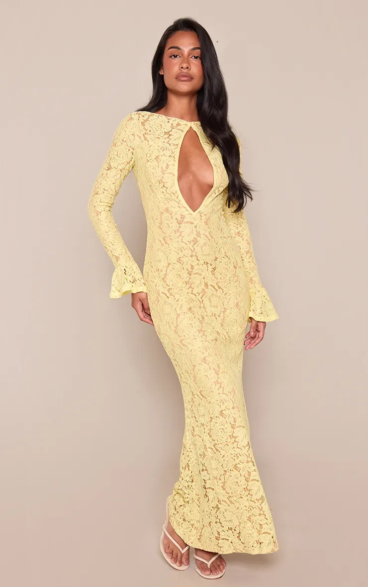 Pale Yellow Lace Keyhole Long Flared Sleeve Maxi Dress | PrettyLittleThing US