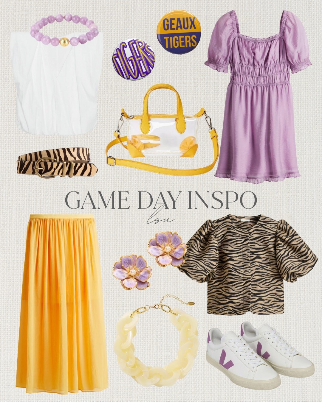 These are perfect for an LSU game day! Love that tiger printed top! 

Loverly Grey, lsu, lsu game day outfit, game day looks, purple, yellow, tiger 

#LTKStyleTip #LTKSeasonal