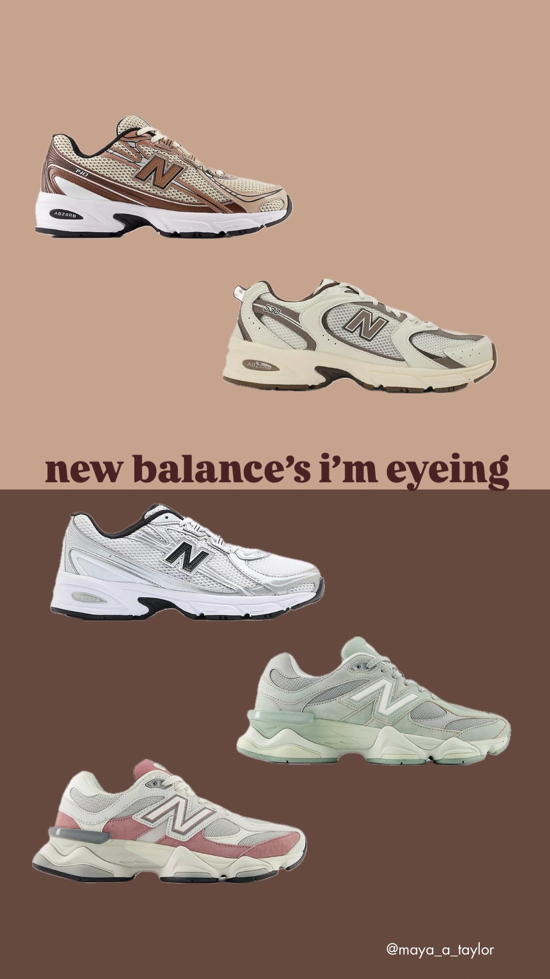 new balance’s i’m eyeing 😍

new balance sneakers, neutral colored sneakers, sage green new balance sneakers, 9060 new balance sneakers, 530 new balance sneakers, 740 new balance sneakers, everyday sneakers, trendy sneakers

#LTKSeasonal #LTKActive #LTKSaleAlert