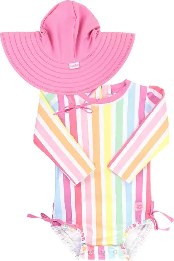 RuffleButts Kids' Rainbow Dream One-Piece Rashguard Swimsuit & Hat Set | Nordstrom | Nordstrom