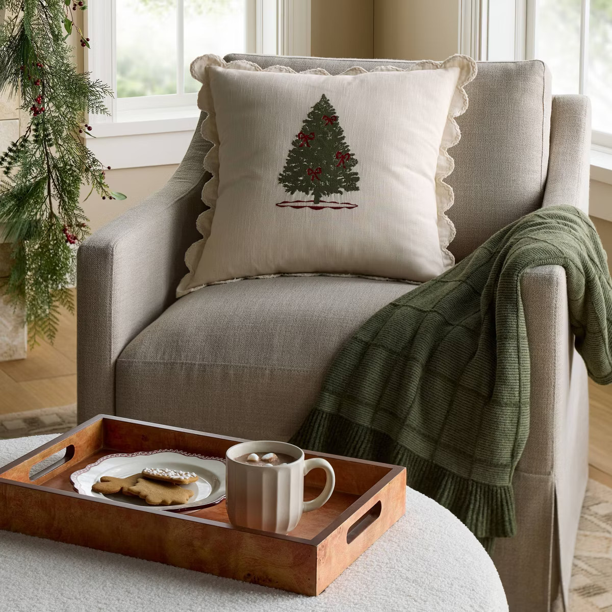 20"x20" Embroidered Tree and Scalloped Edge Pillow Cream - Threshold™ designed with Studio McGe... | Target