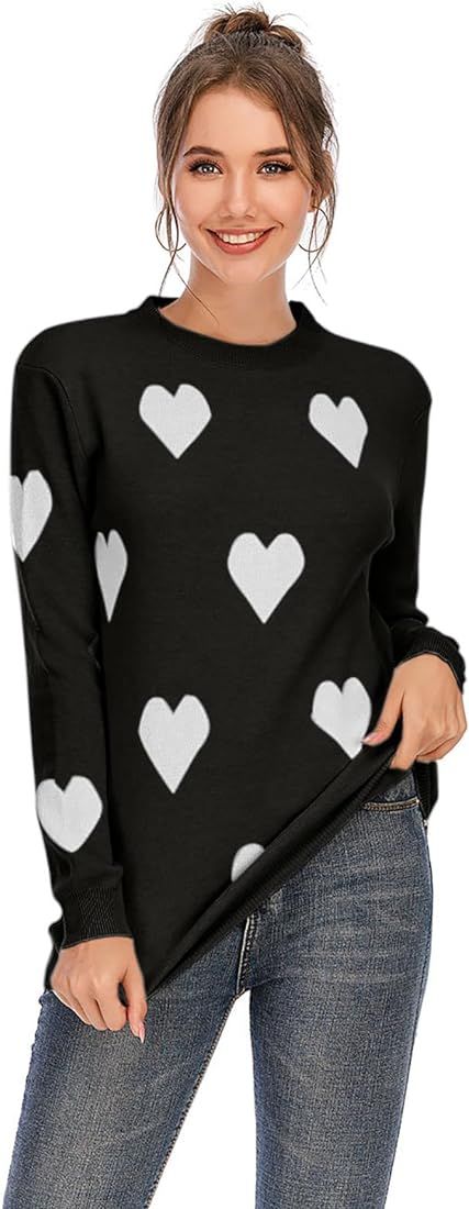 Drvitor Women's Pullover Sweaters Long Sleeve Crewneck Front Ribbed Knitted Cute Heart Sweater | Amazon (US)