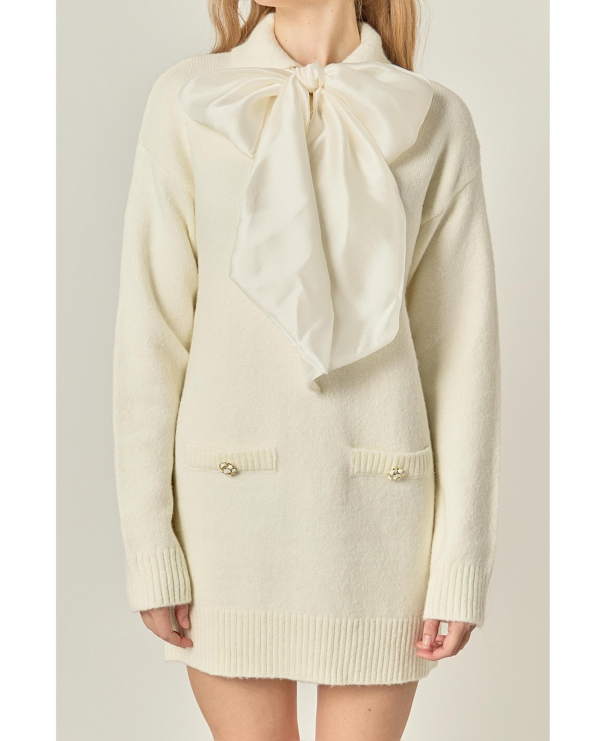 English Factory Women's Detachable Bow Knit Dress - Cream | Macy's