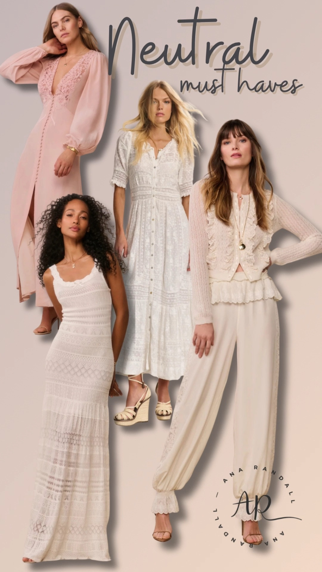 Neutral pieces I keep reaching for 🤍 From soft knits and feminine dresses to the prettiest cream set, these are the timeless staples that make getting dressed so easy. Perfect for spring, brunch, vacation, and everything in between. Which look is your favorite? #LTKStyle #LTKSpring #NeutralStyle #SpringFashion #CapsuleWardrobe

XOXO,
Ana Randall 💗

#LTKOver40 #LTKootd #LTKmomlife