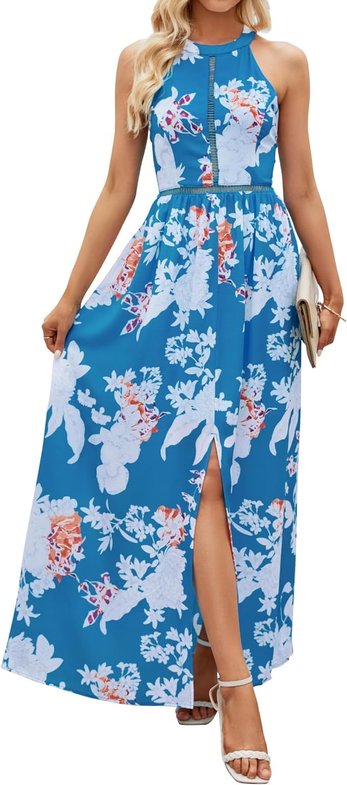 ZESICA Women's 2024 Summer Halter Neck Floral Print Backless Split Beach Party Maxi Dress | Amazon (US)