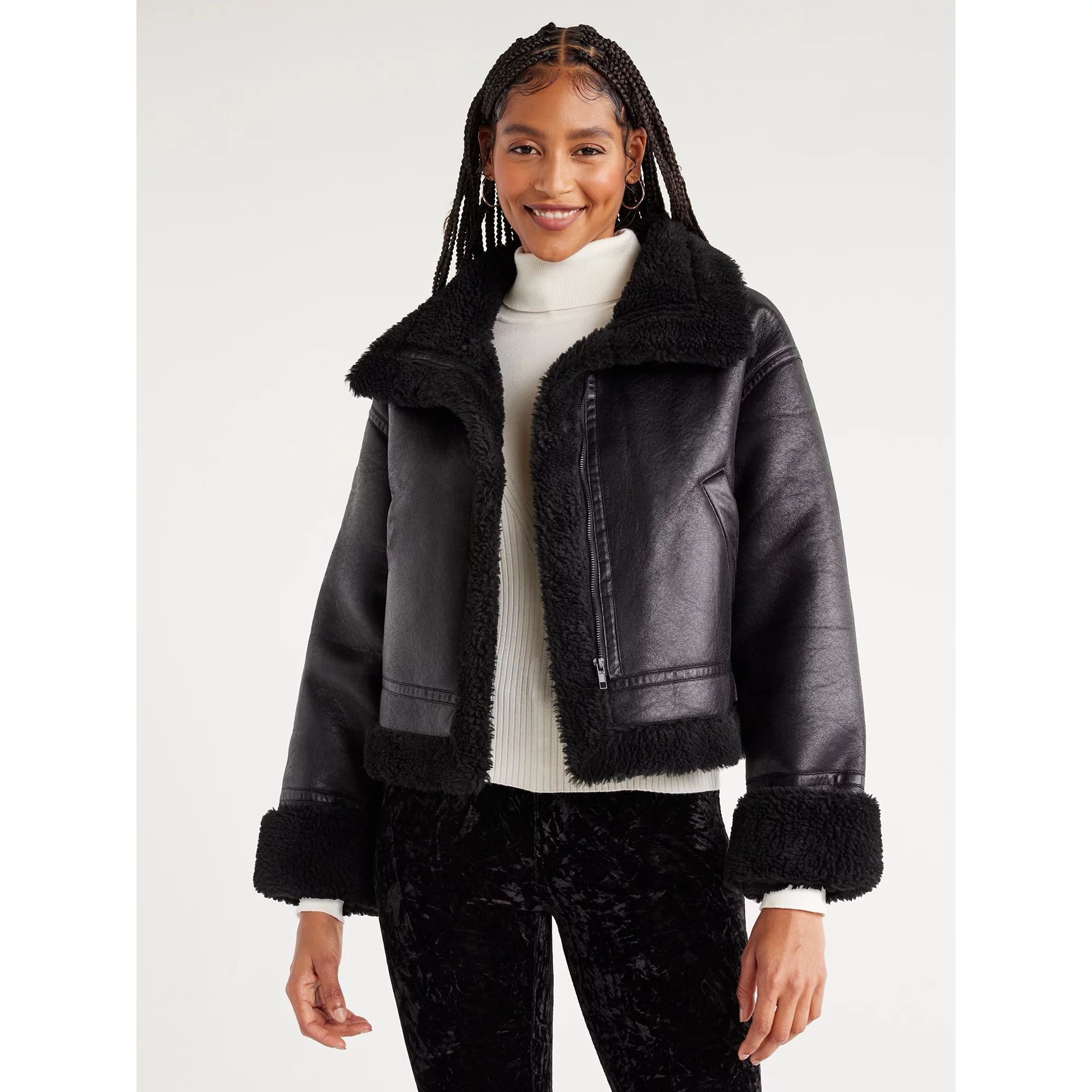 Scoop Women's Faux Suede Cropped Bomber Jacket with Faux Sherpa Lining, Sizes XS-XXL | Walmart (US)