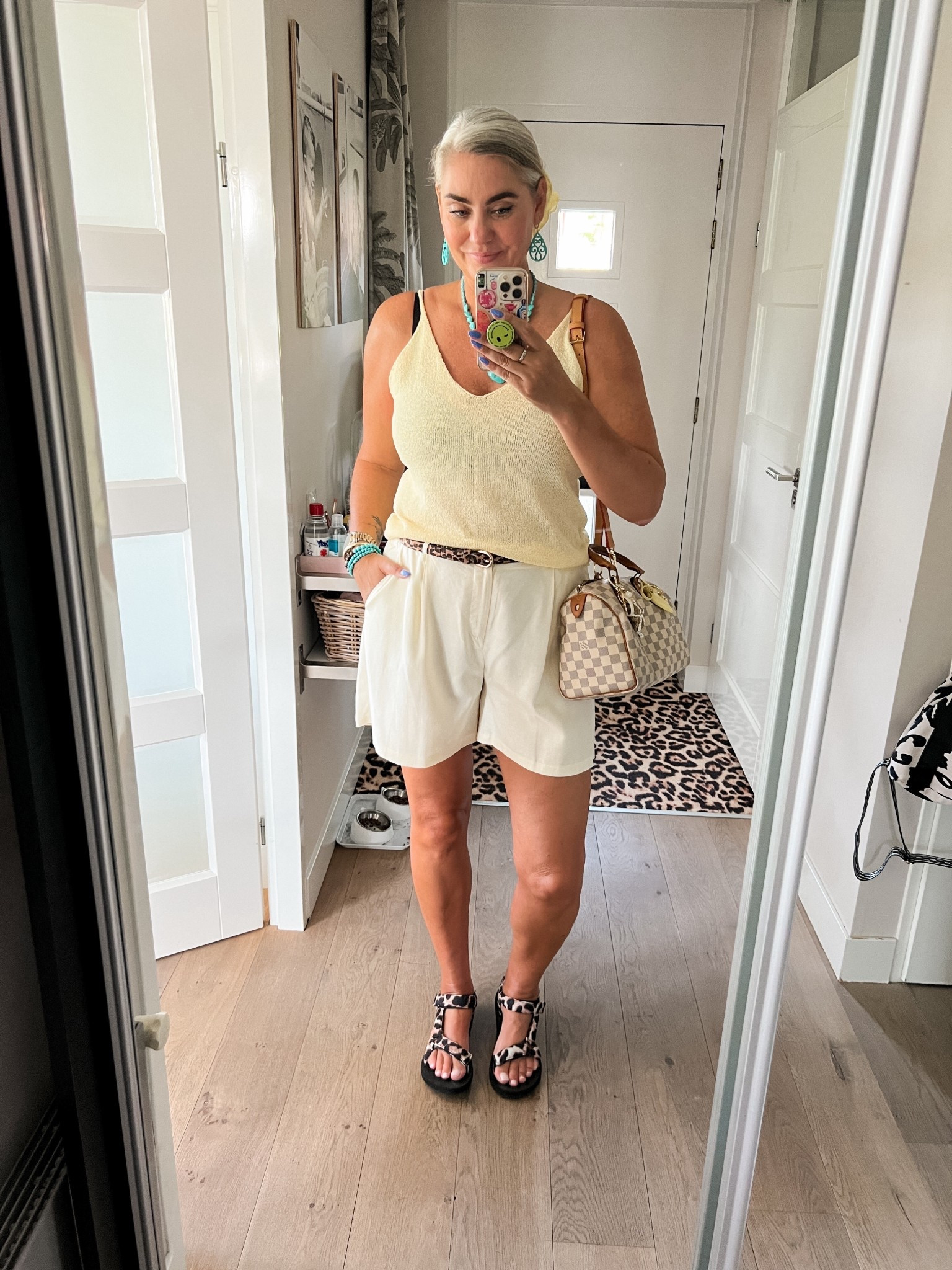 Ootd - Wednesday. Butter Yellow knitted top (xl) and bermuda shorts (42), leopard belt and sandals (both old). Oversized yellow scrunchie, turquoise necklace and earrings and vintage Louis Vuitton Speedy 25 purse. 



#LTKeurope #LTKsummer #LTKnederlands