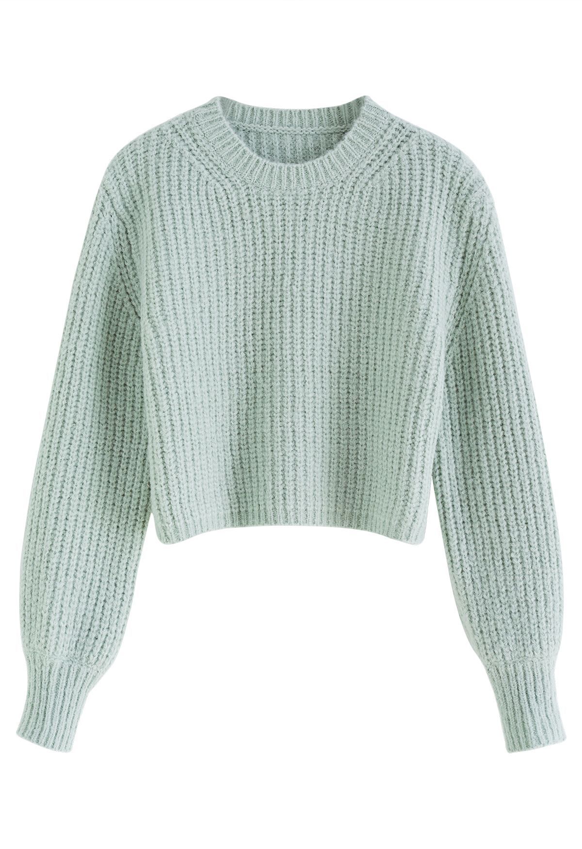 Round Neck Crop Knit Sweater in Mint | Chicwish