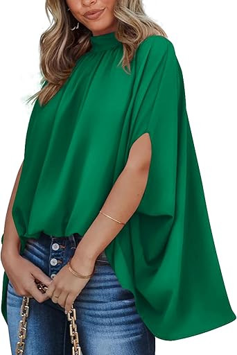 BTFBM Womens Summer Tops 2026 Mock Neck Batwing Sleeve Silk Satin Shirts Loose Oversized Dressy C... | Amazon (US)