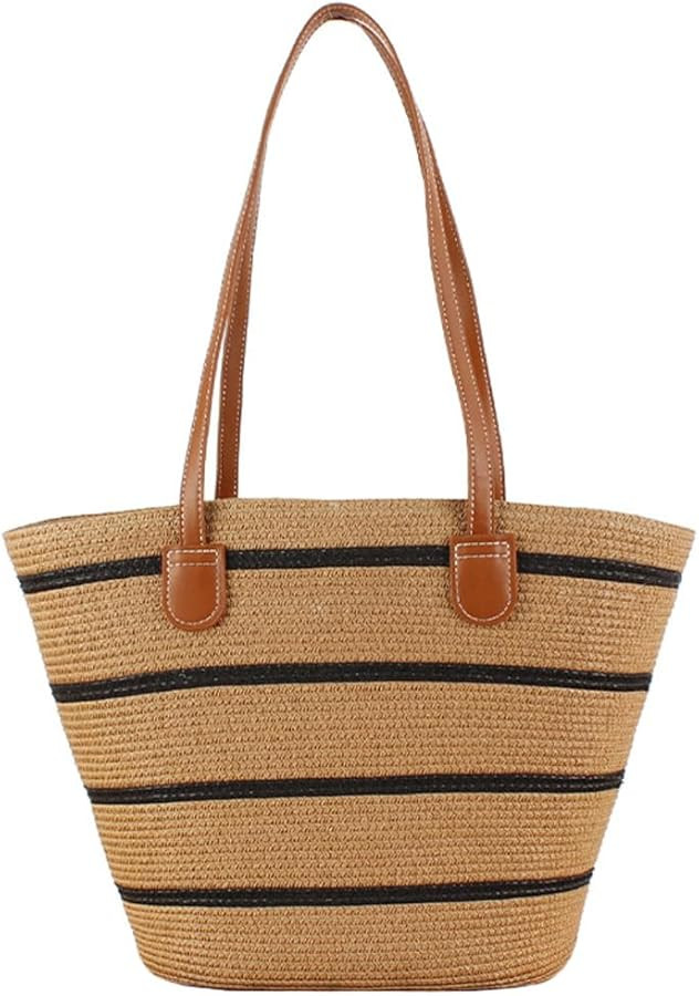Women's Classic Straw Summer Beach Shoulder Bag Handbag Tote With PU Leather Straps Handmade Purs... | Amazon (US)
